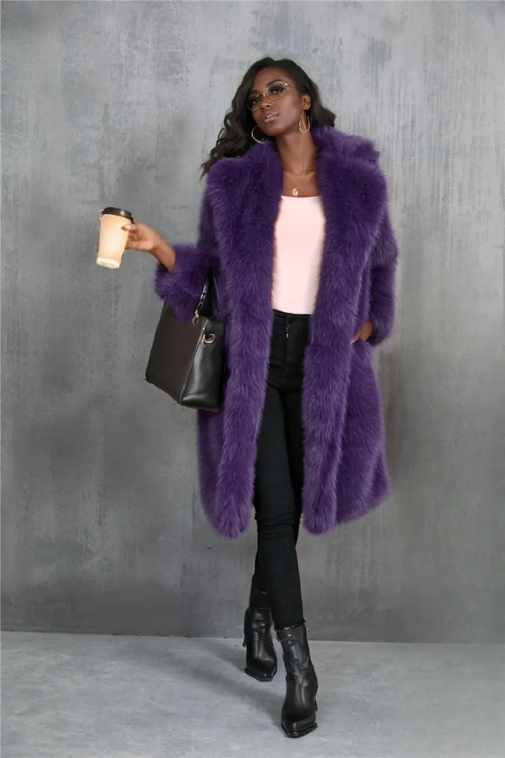 Purple Women's Knee Length Faux Fur Coat Warm Soft Fur Overcoat Outwear Jacket