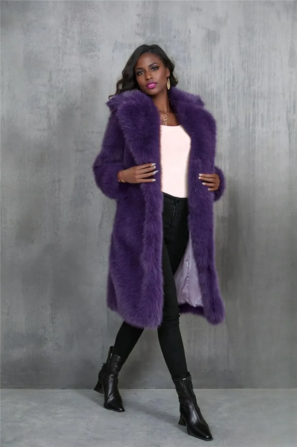 Purple Women's Knee Length Faux Fur Coat Warm Soft Fur Overcoat Outwear Jacket