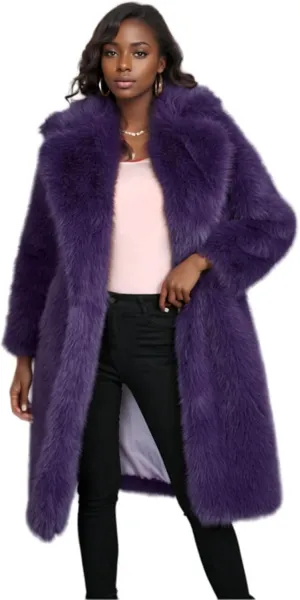 Purple Women's Knee Length Faux Fur Coat Warm Soft Fur Overcoat Outwear Jacket