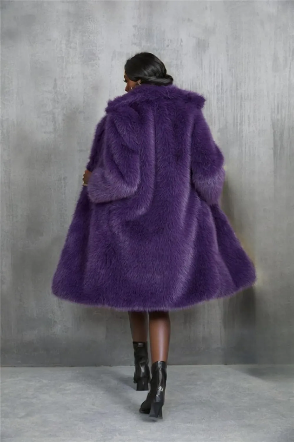 Purple Women's Knee Length Faux Fur Coat Warm Soft Fur Overcoat Outwear Jacket