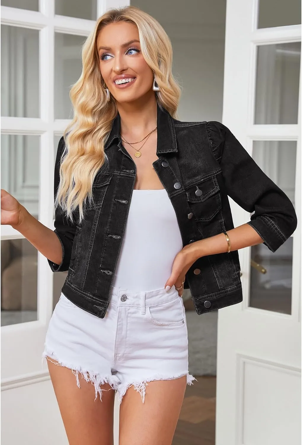 Vetinee Womens Jean Jacket Cropped Denim Jackets Stretchy 3/4 Puff Sleeve Distressed Shacket with Pockets