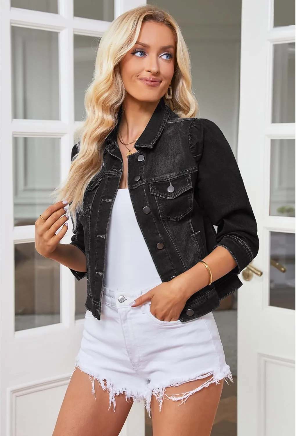 Vetinee Womens Jean Jacket Cropped Denim Jackets Stretchy 3/4 Puff Sleeve Distressed Shacket with Pockets