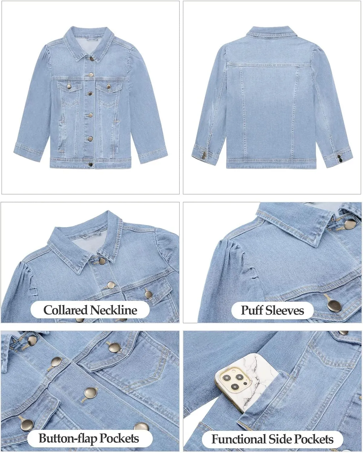 Vetinee Womens Jean Jacket Cropped Denim Jackets Stretchy 3/4 Puff Sleeve Distressed Shacket with Pockets