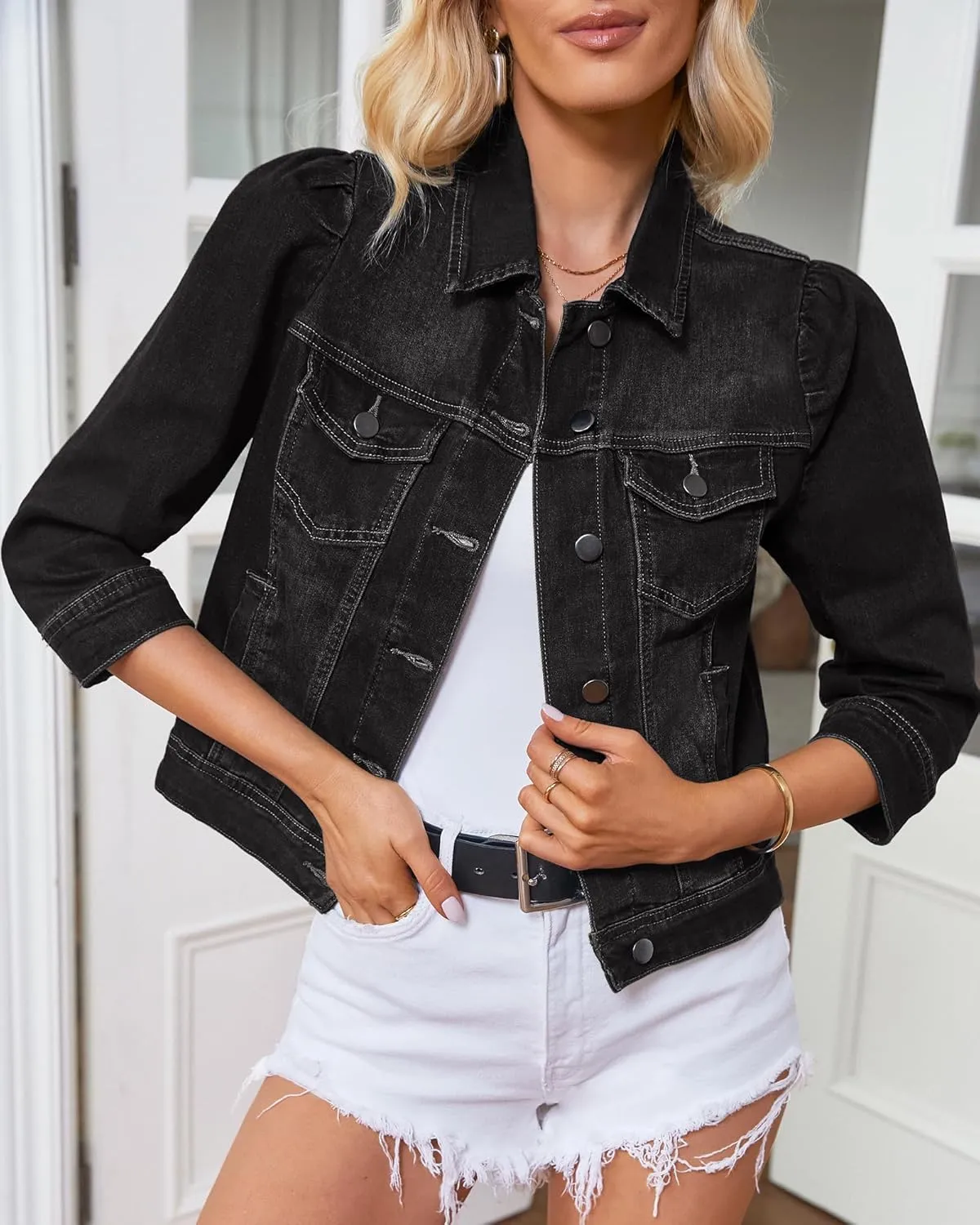 Vetinee Womens Jean Jacket Cropped Denim Jackets Stretchy 3/4 Puff Sleeve Distressed Shacket with Pockets