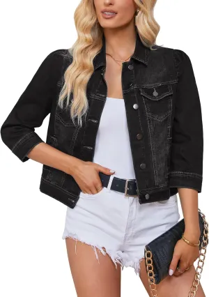 Vetinee Womens Jean Jacket Cropped Denim Jackets Stretchy 3/4 Puff Sleeve Distressed Shacket with Pockets
