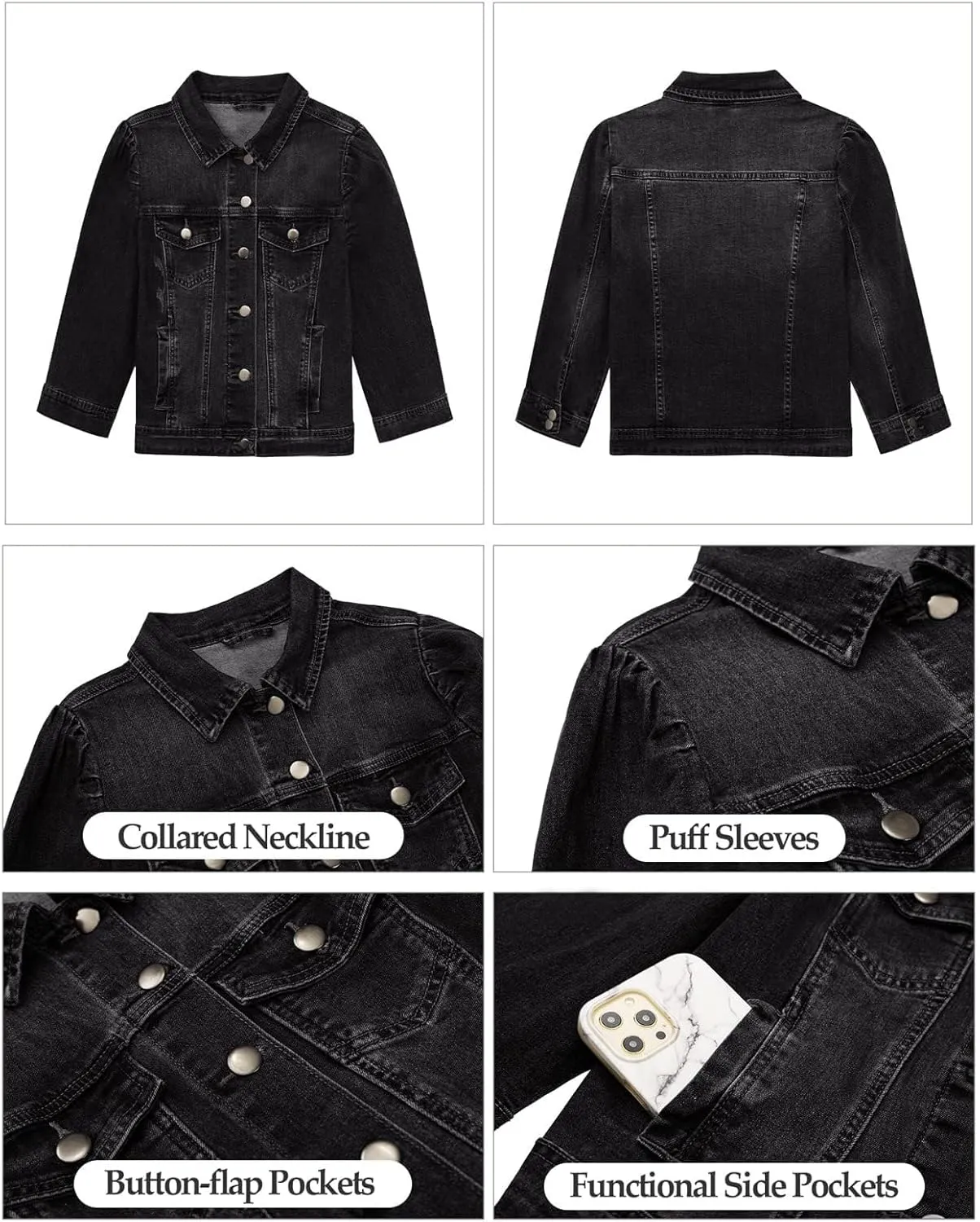 Vetinee Womens Jean Jacket Cropped Denim Jackets Stretchy 3/4 Puff Sleeve Distressed Shacket with Pockets