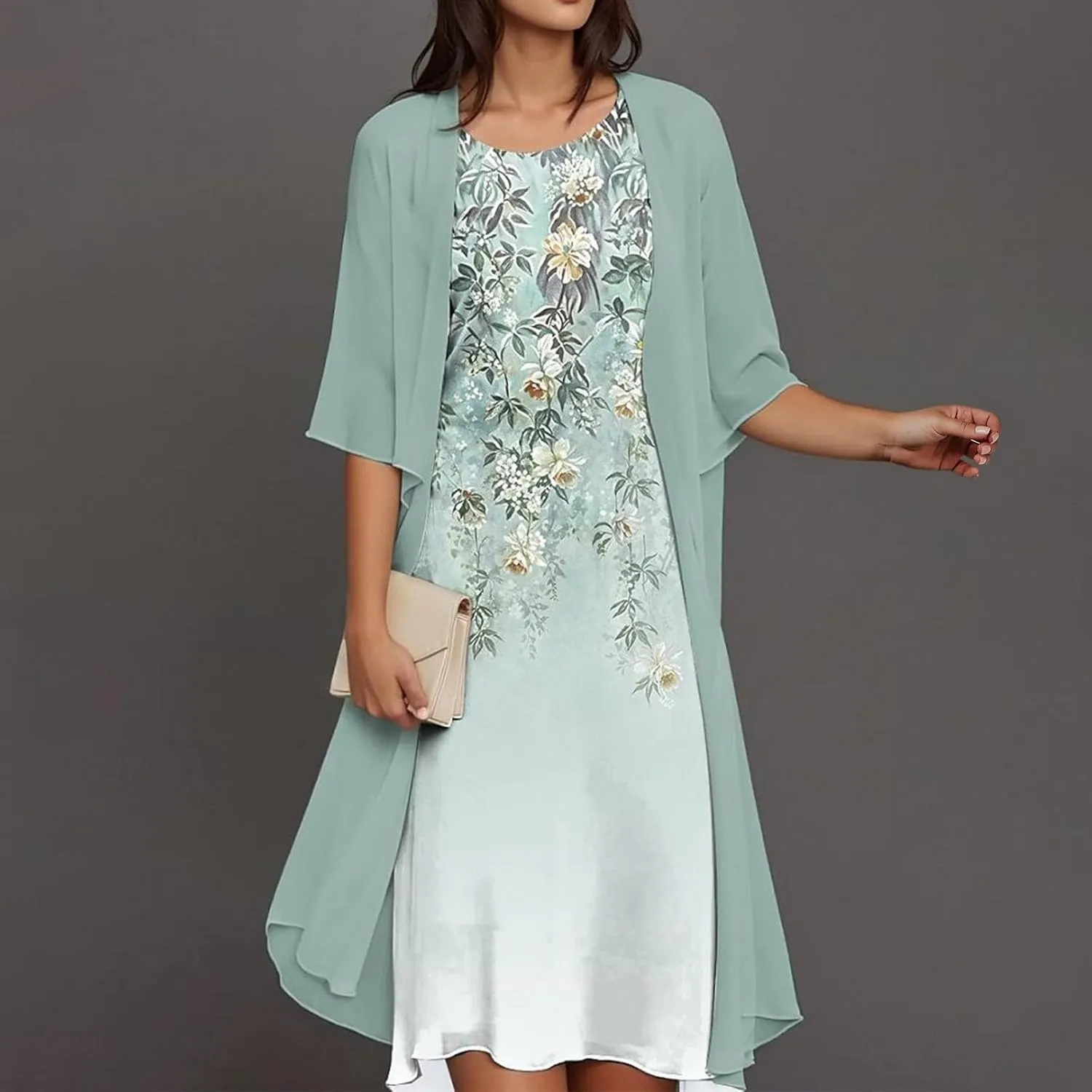 Wedding Guest Dresses for Women 2025,Womens Trendy Two-Piece Set Maxi Dress for Womens Floral Print Chiffon Flowy Dress