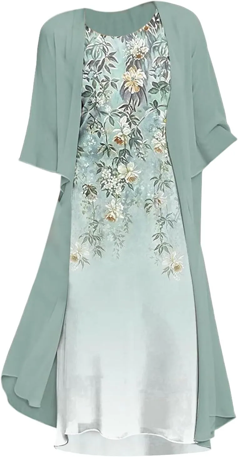 Wedding Guest Dresses for Women 2025,Womens Trendy Two-Piece Set Maxi Dress for Womens Floral Print Chiffon Flowy Dress
