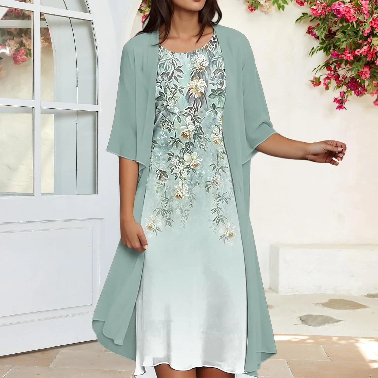 Wedding Guest Dresses for Women 2025,Womens Trendy Two-Piece Set Maxi Dress for Womens Floral Print Chiffon Flowy Dress