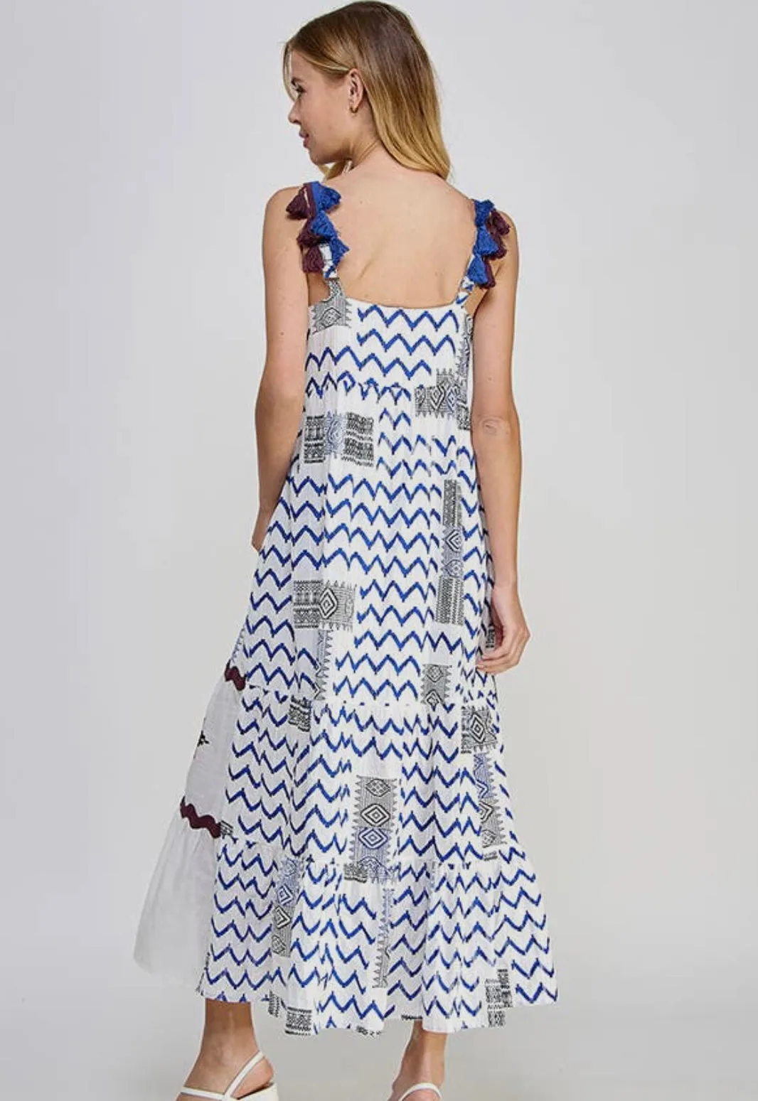 White and Blue Dress with PomPom Accent