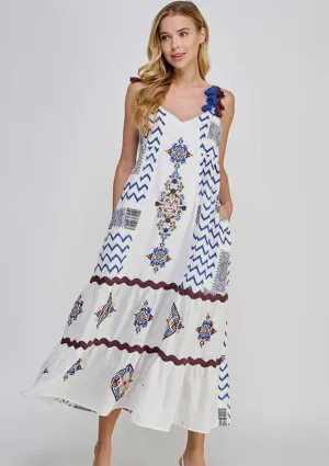 White and Blue Dress with PomPom Accent