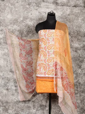 White Coral Orange Hand Block Printed Cotton Suit-Salwar Fabric With Chiffon Dupatta (Set of 3) - SU01HB338