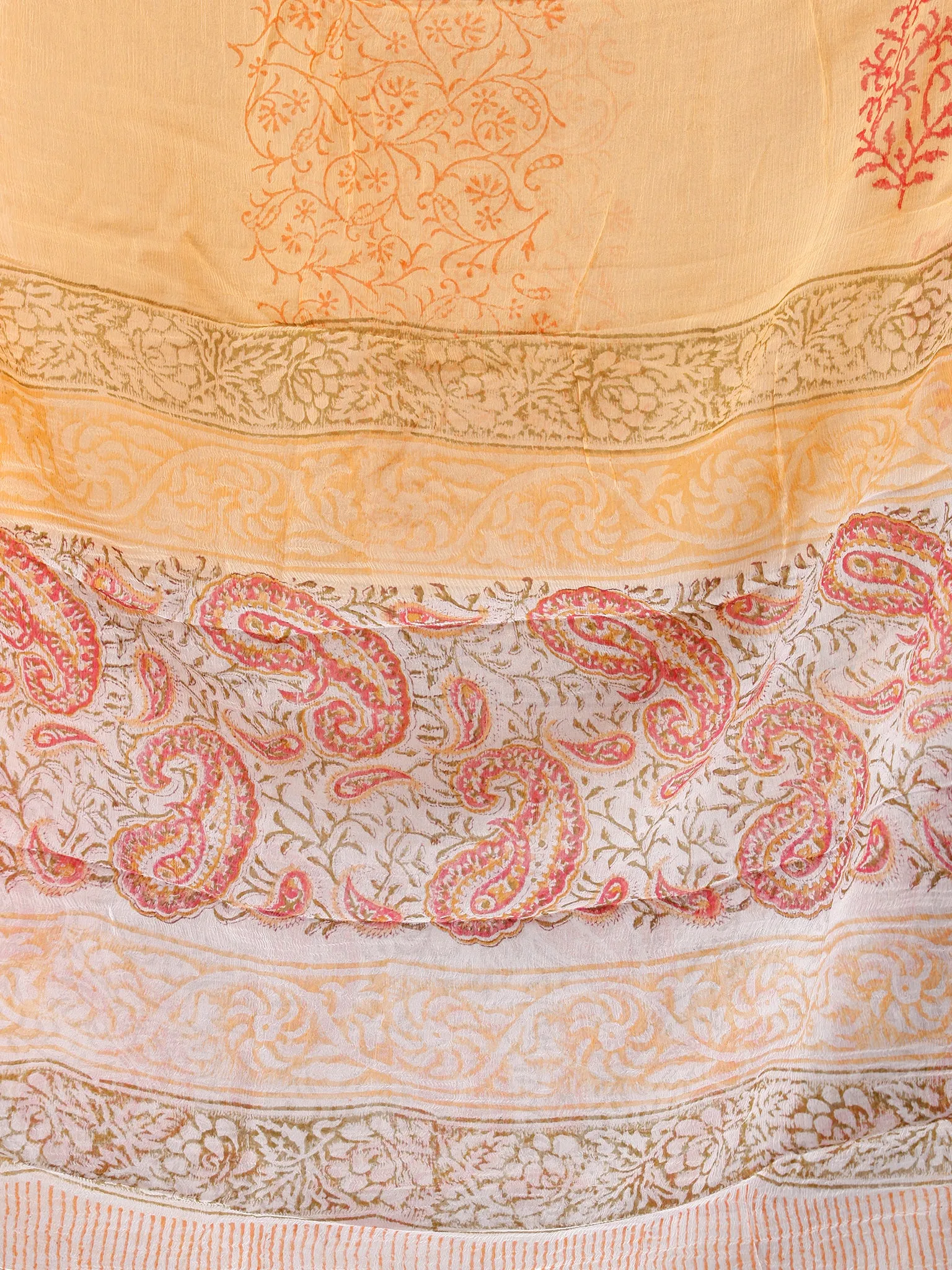 White Coral Orange Hand Block Printed Cotton Suit-Salwar Fabric With Chiffon Dupatta (Set of 3) - SU01HB338