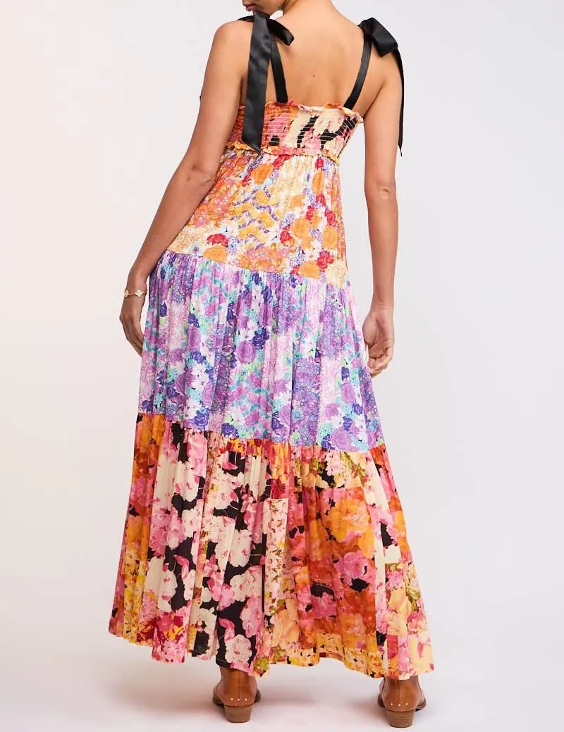 Women Spaghetti Strap Patchwork Maxi Dress Floral Smocked Lace Trim Long Dress Summer Boho Flowy Ruffle Sundress