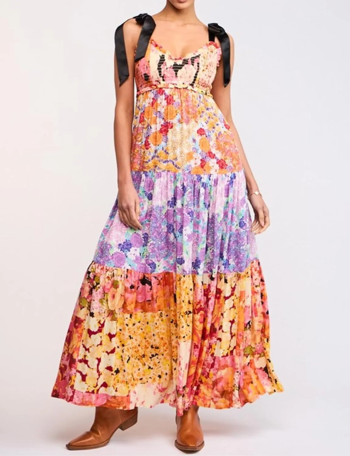 Women Spaghetti Strap Patchwork Maxi Dress Floral Smocked Lace Trim Long Dress Summer Boho Flowy Ruffle Sundress