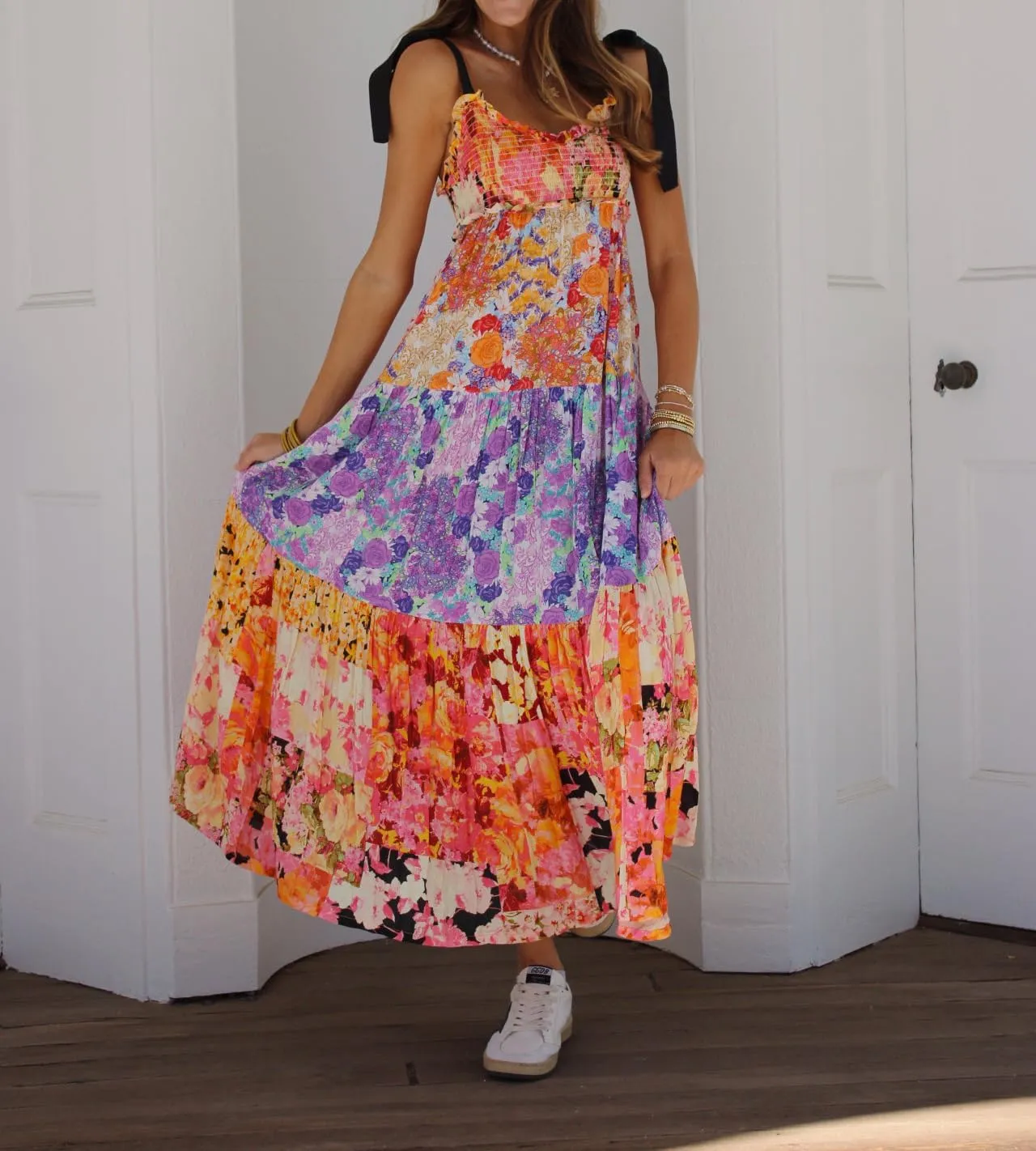 Women Spaghetti Strap Patchwork Maxi Dress Floral Smocked Lace Trim Long Dress Summer Boho Flowy Ruffle Sundress
