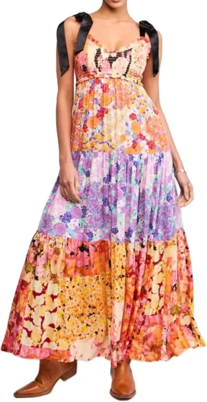 Women Spaghetti Strap Patchwork Maxi Dress Floral Smocked Lace Trim Long Dress Summer Boho Flowy Ruffle Sundress