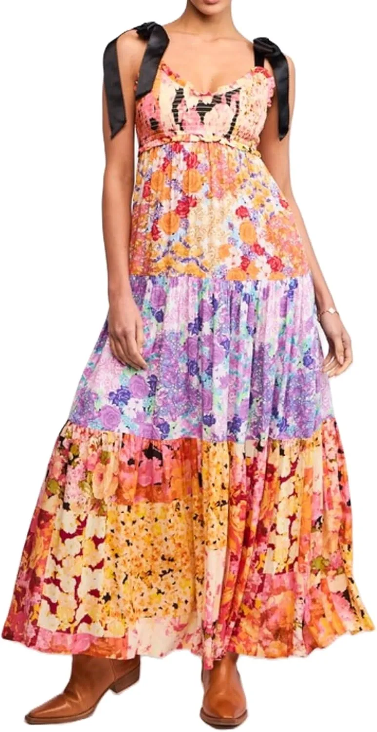 Women Spaghetti Strap Patchwork Maxi Dress Floral Smocked Lace Trim Long Dress Summer Boho Flowy Ruffle Sundress