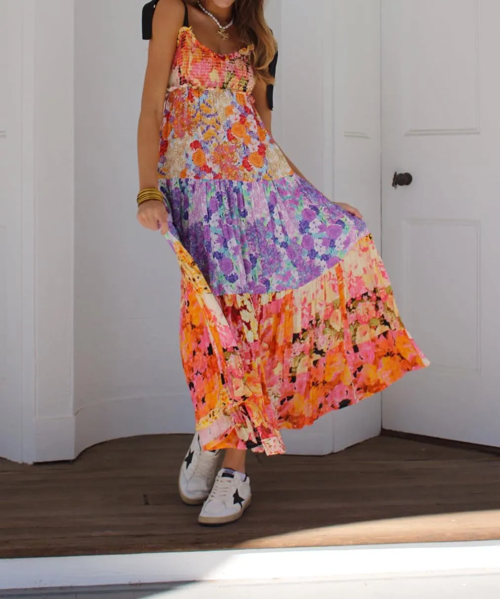 Women Spaghetti Strap Patchwork Maxi Dress Floral Smocked Lace Trim Long Dress Summer Boho Flowy Ruffle Sundress