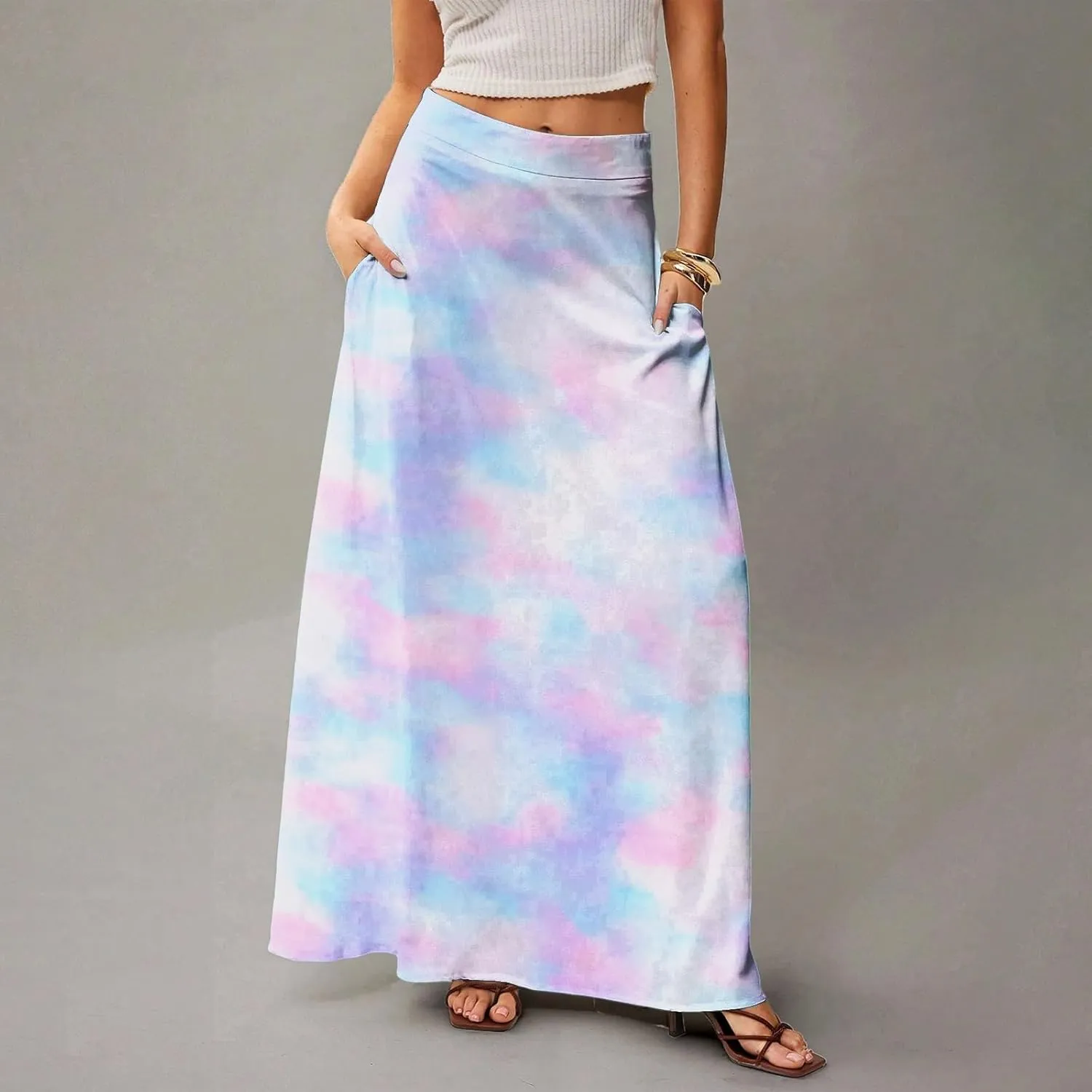 Women's Boho Dresses 2025 Floral Skirt Casual Elastic High Waist Maxi Skirts Flowy A Line Beach Long Skirt, S-2XL