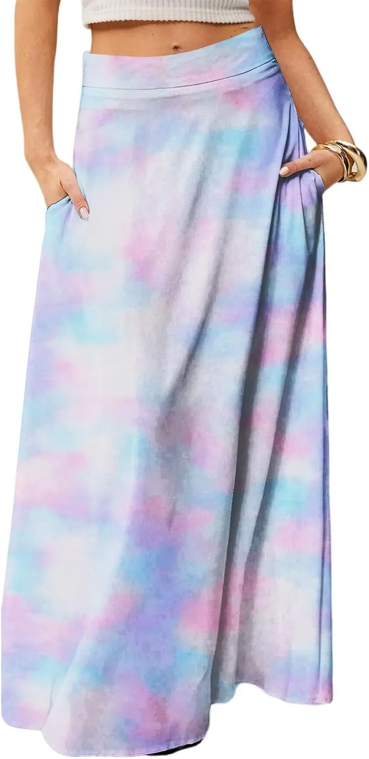 Women's Boho Dresses 2025 Floral Skirt Casual Elastic High Waist Maxi Skirts Flowy A Line Beach Long Skirt, S-2XL