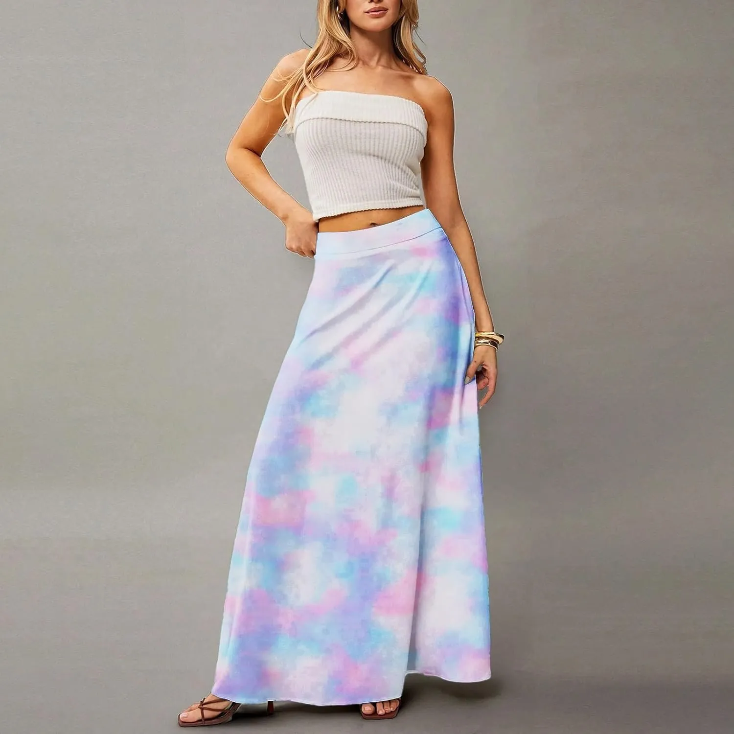 Women's Boho Dresses 2025 Floral Skirt Casual Elastic High Waist Maxi Skirts Flowy A Line Beach Long Skirt, S-2XL
