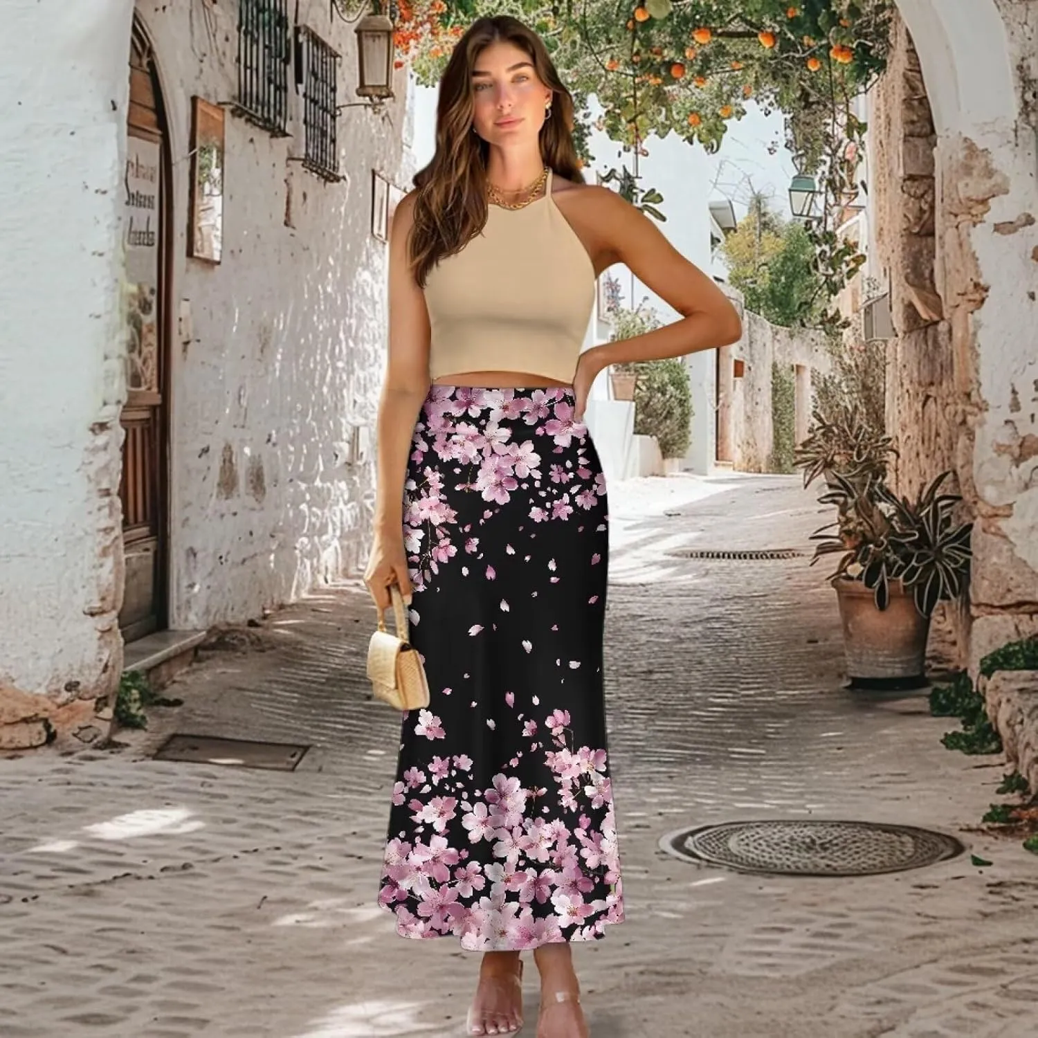 Womens Hawaii Skirts High Waist Long Skirt Side Zipper Stretch Skirt Lightweight Long Maxi Skirts Y2k Skirt Summer
