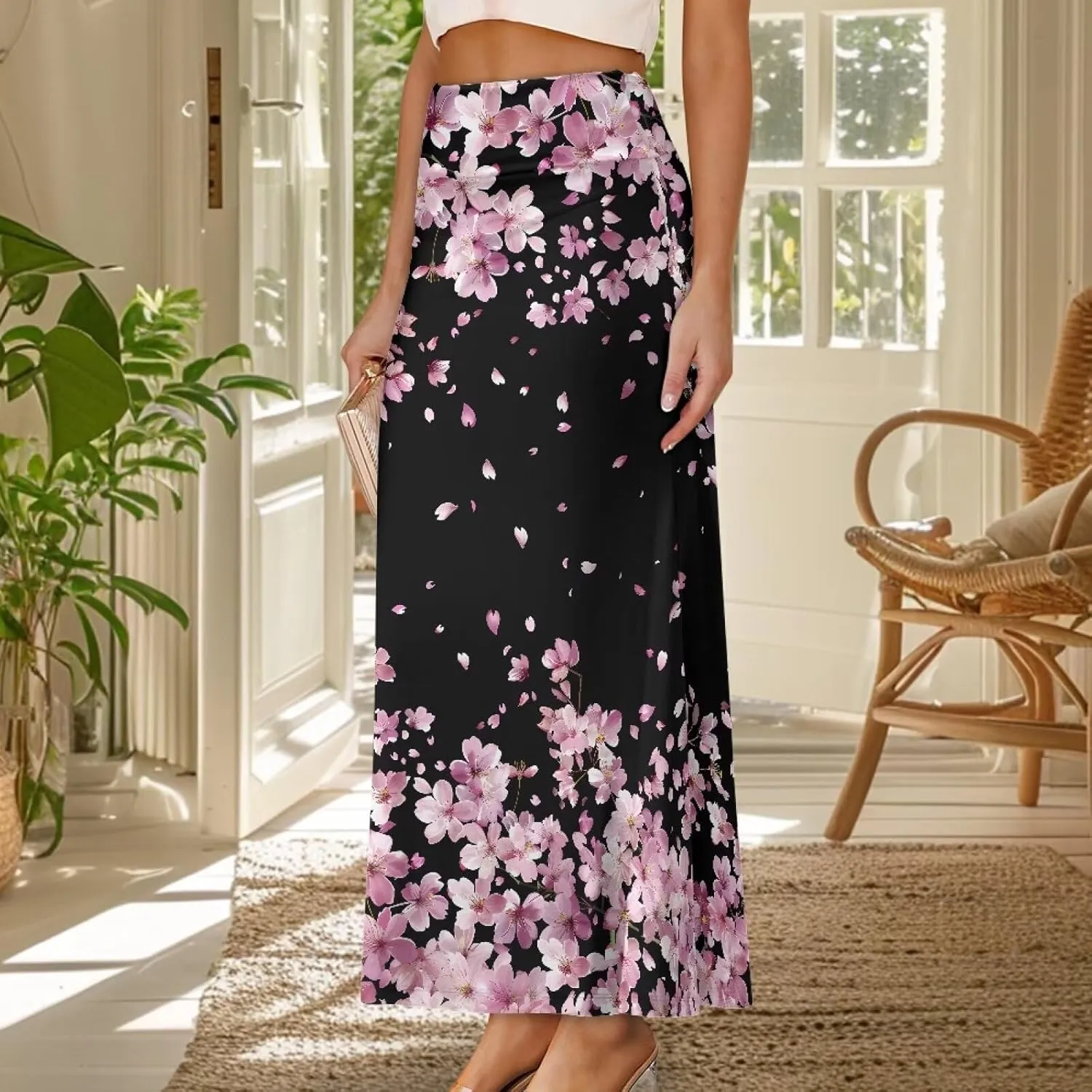 Womens Hawaii Skirts High Waist Long Skirt Side Zipper Stretch Skirt Lightweight Long Maxi Skirts Y2k Skirt Summer
