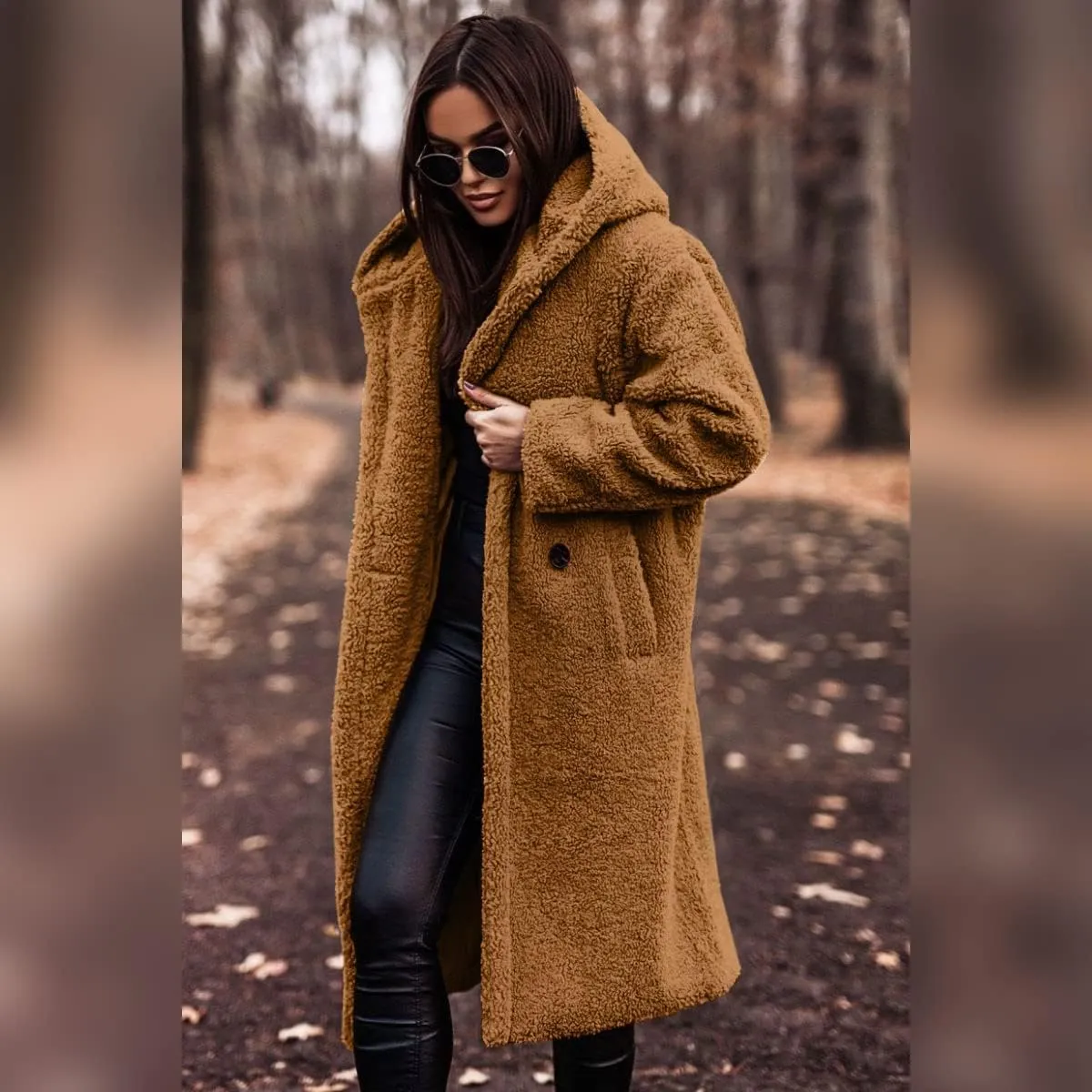 Women's Long Winter Coat Oversized Fuzzy Fleece Jacket Hooded Button Down Faux Fur Warm Outerwear with Pockets