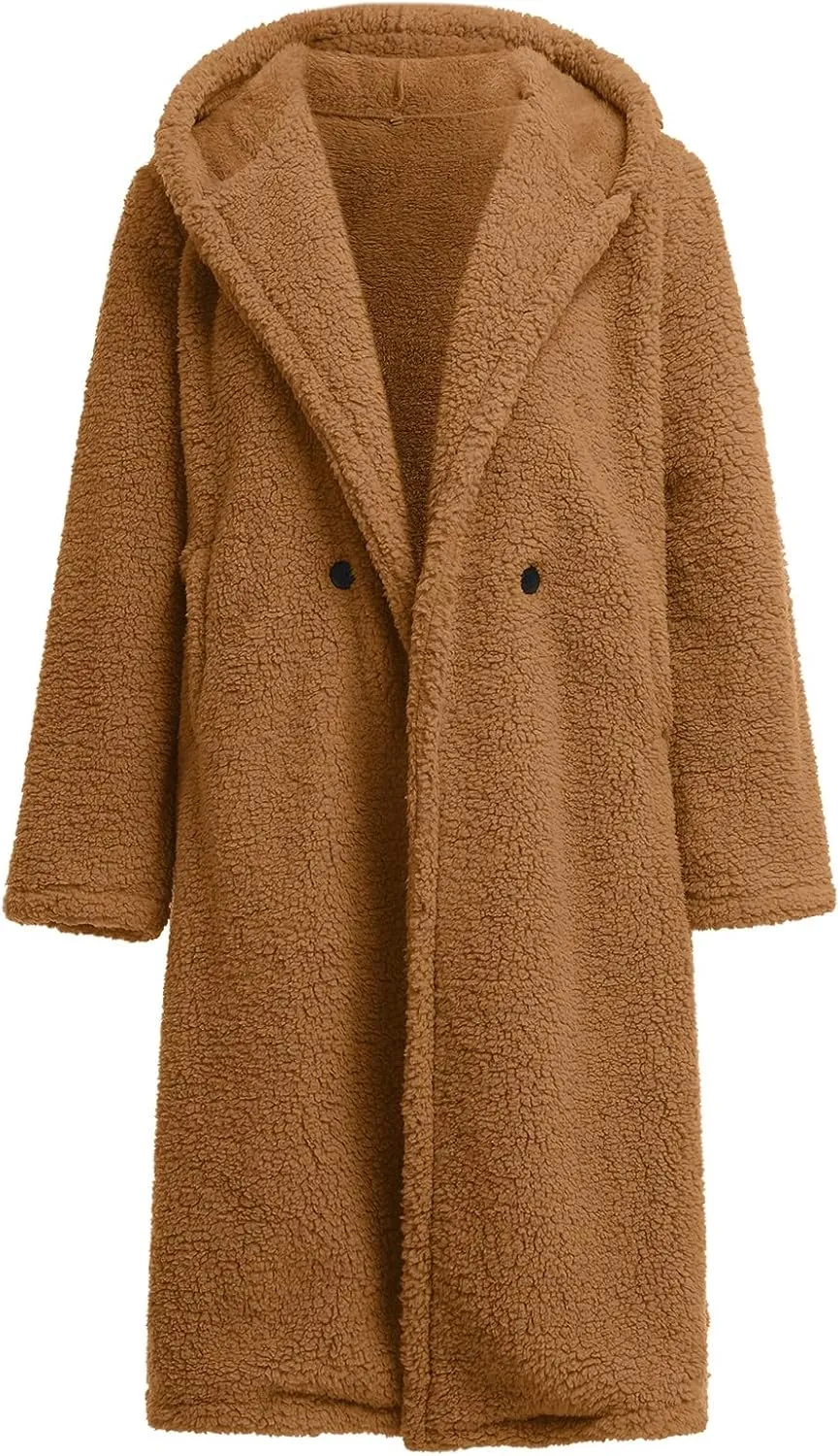 Women's Long Winter Coat Oversized Fuzzy Fleece Jacket Hooded Button Down Faux Fur Warm Outerwear with Pockets