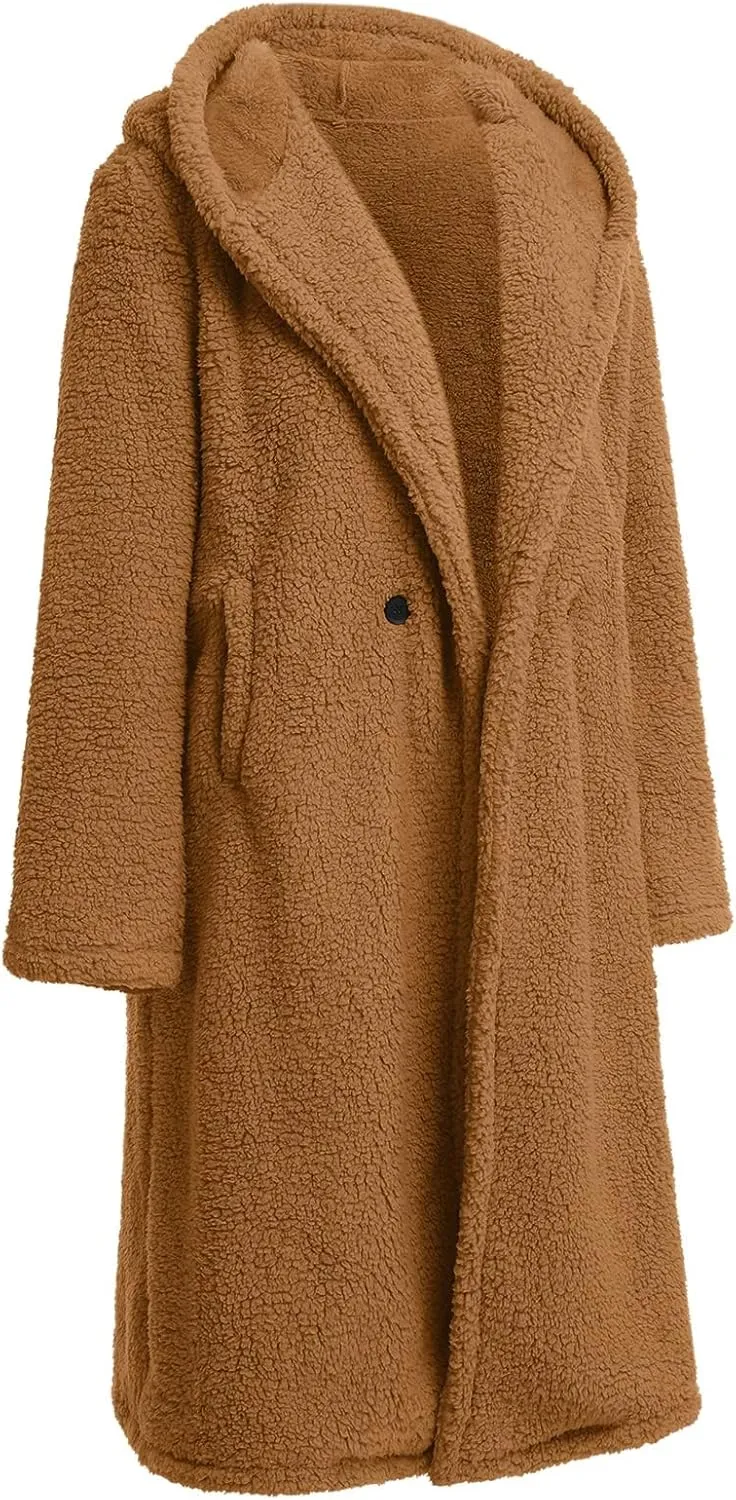 Women's Long Winter Coat Oversized Fuzzy Fleece Jacket Hooded Button Down Faux Fur Warm Outerwear with Pockets