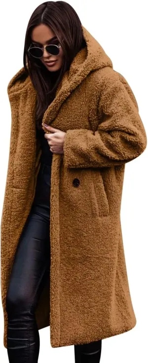 Women's Long Winter Coat Oversized Fuzzy Fleece Jacket Hooded Button Down Faux Fur Warm Outerwear with Pockets