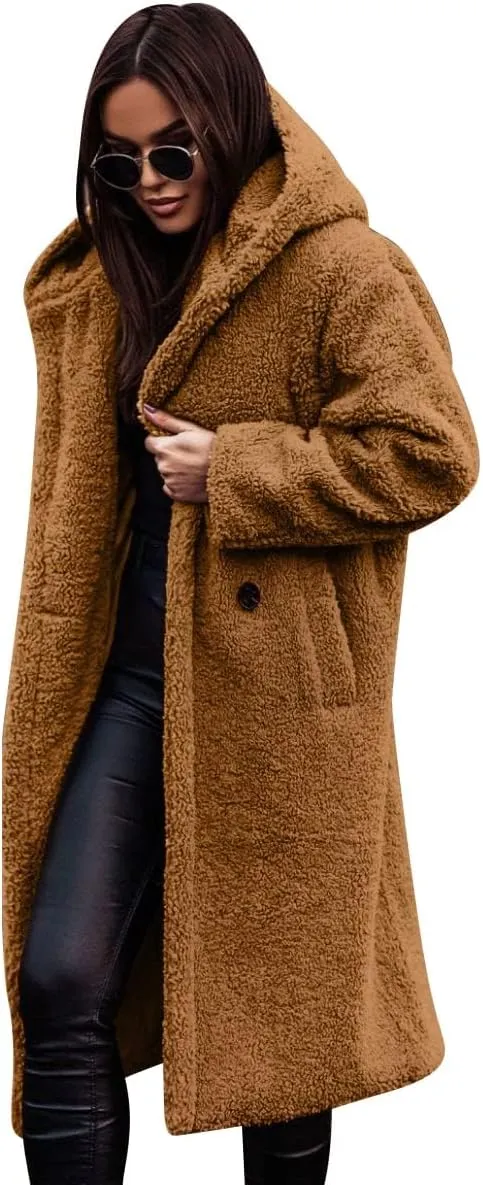 Women's Long Winter Coat Oversized Fuzzy Fleece Jacket Hooded Button Down Faux Fur Warm Outerwear with Pockets