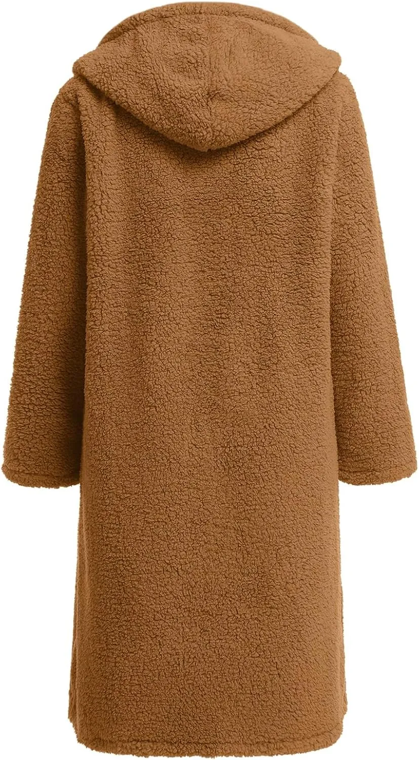 Women's Long Winter Coat Oversized Fuzzy Fleece Jacket Hooded Button Down Faux Fur Warm Outerwear with Pockets