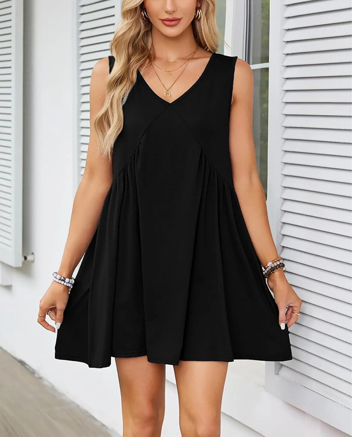 Womens Summer Sleeveless Mini Dress Casual V Neck Loose Swing Flowy Pleated Dresses Beach Sundress with Pockets
