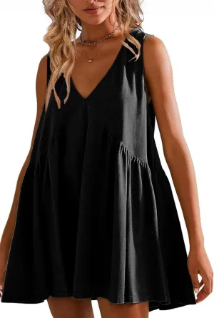 Womens Summer Sleeveless Mini Dress Casual V Neck Loose Swing Flowy Pleated Dresses Beach Sundress with Pockets