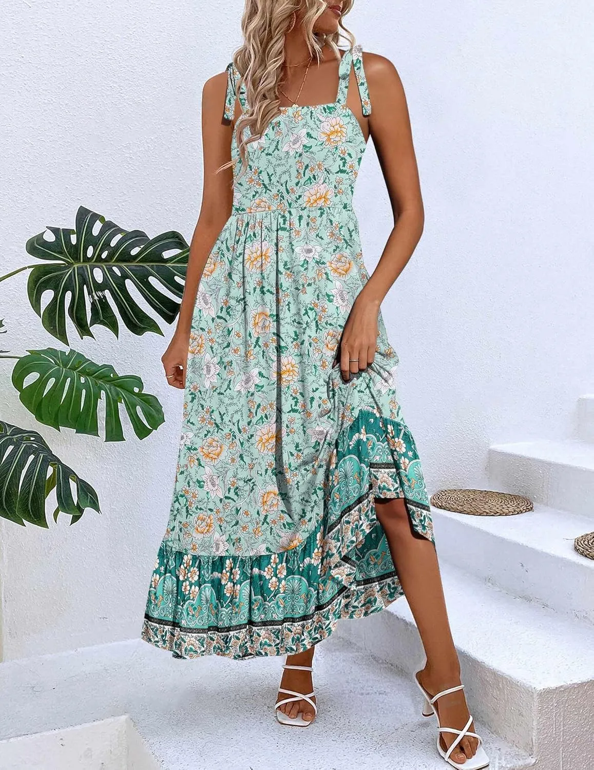 Zeagoo Women Summer Maxi Dress with Pockets 2025 Spaghetti Strap Sundress Casual Flowy Boho Dress Floral Tiered Beach Dress