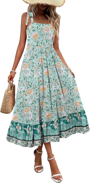 Zeagoo Women Summer Maxi Dress with Pockets 2025 Spaghetti Strap Sundress Casual Flowy Boho Dress Floral Tiered Beach Dress