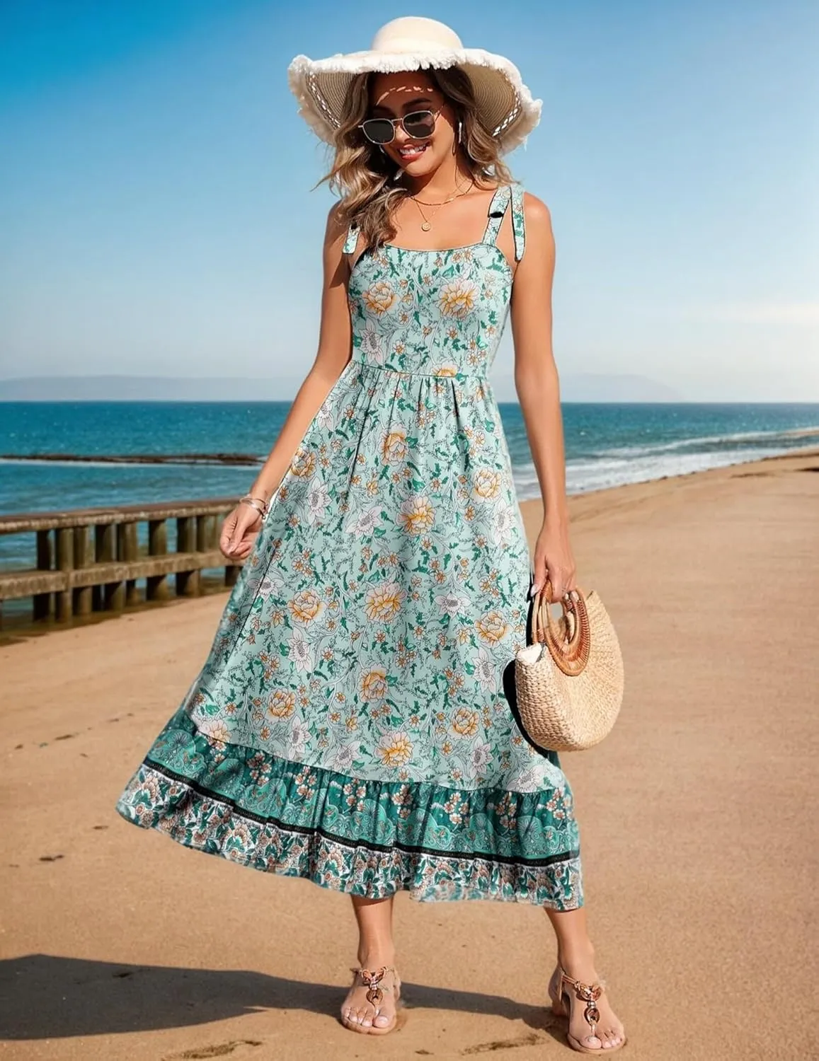 Zeagoo Women Summer Maxi Dress with Pockets 2025 Spaghetti Strap Sundress Casual Flowy Boho Dress Floral Tiered Beach Dress