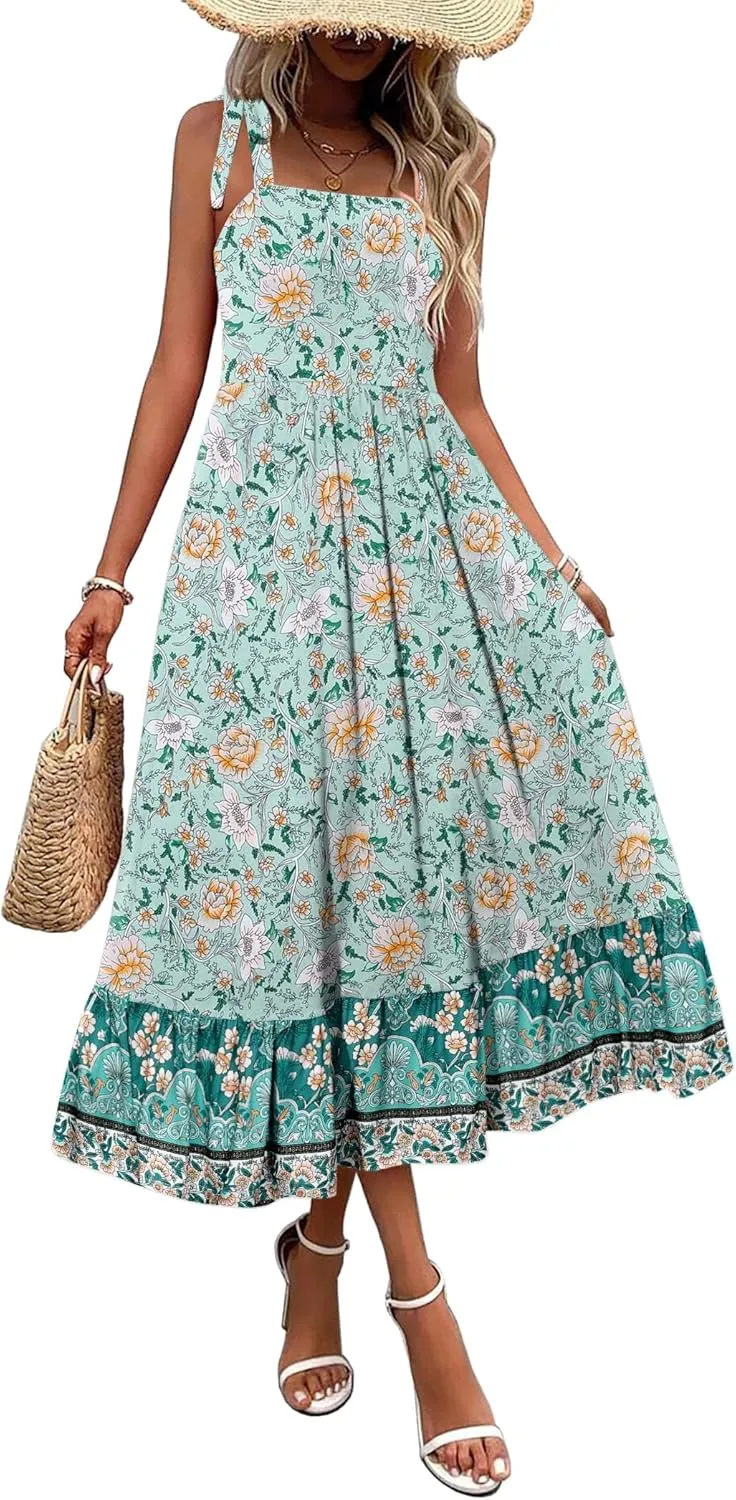 Zeagoo Women Summer Maxi Dress with Pockets 2025 Spaghetti Strap Sundress Casual Flowy Boho Dress Floral Tiered Beach Dress